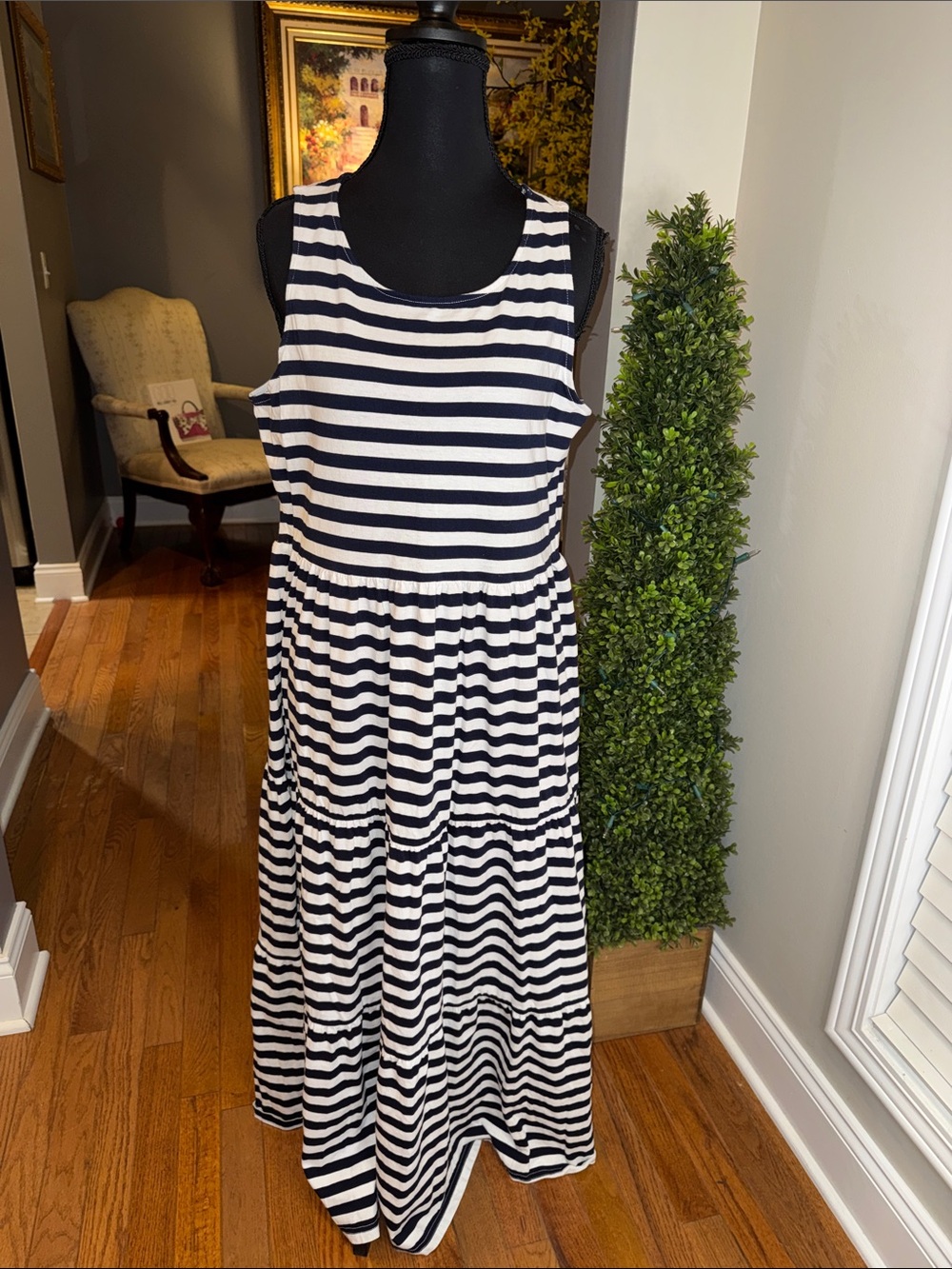 J. Crew Navy and White Striped Sleeveless Tiered Maxi Dress NWOT
